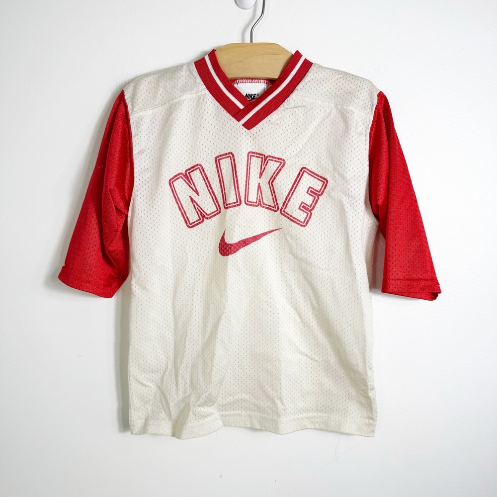 VTG 90s Y2K Nike Mesh Jersey Kids 4T White Red V-Neck Raglan Shirt Made in USA